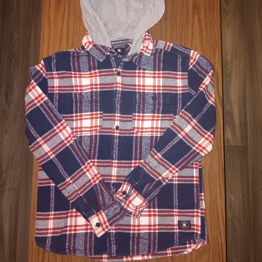 DC Red and Blue Plaid Shirt Jacket with Gray Hood